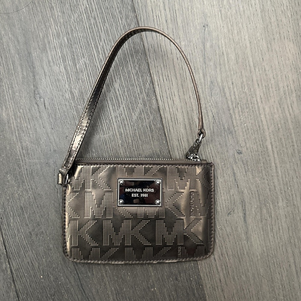 VTG Michael Kors Y2K Clutch Wristlet Bag Mini Bronze PVC MK Zip Detachable Strap